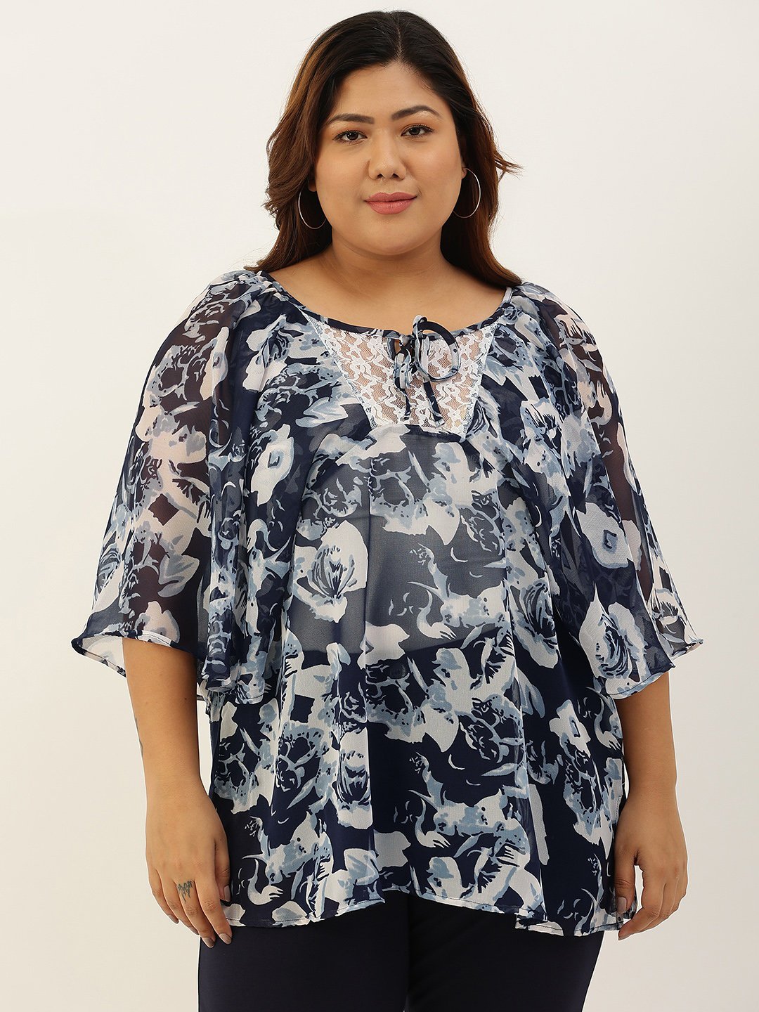 Women's Plus Size Navy Rose Floral Print Party Wear Top