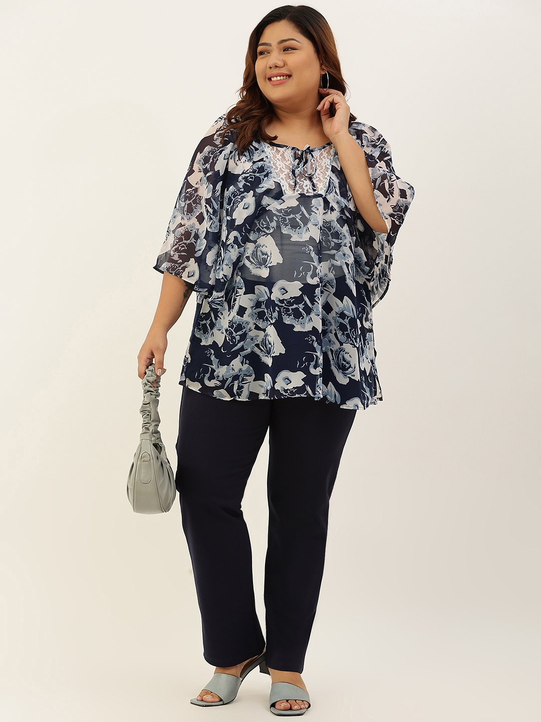 Women's Plus Size Navy Rose Floral Print Party Wear Top