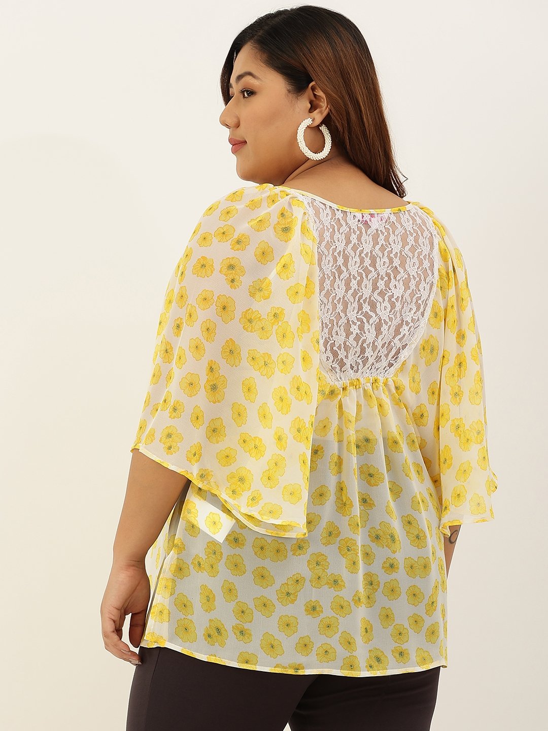 Women's Plus Size Yellow & Off White Floral Print Party Wear Top