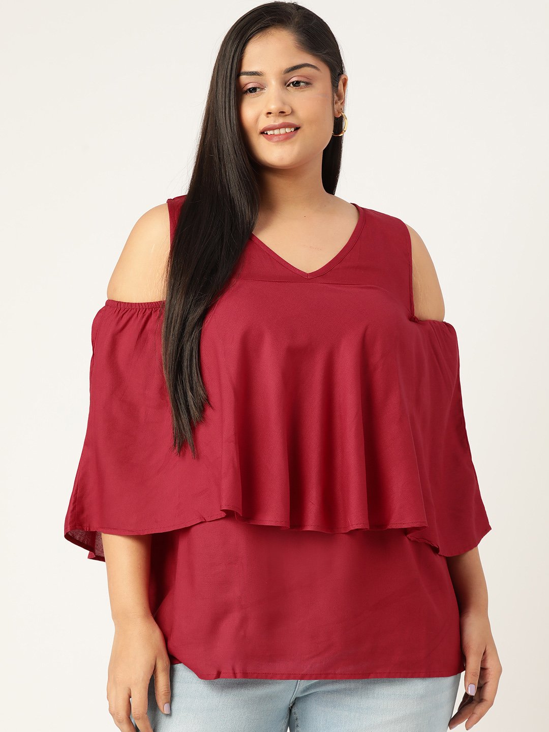Women's Plus Size Maroon Solid Color Cold Shoulder Sleeves Layered Top