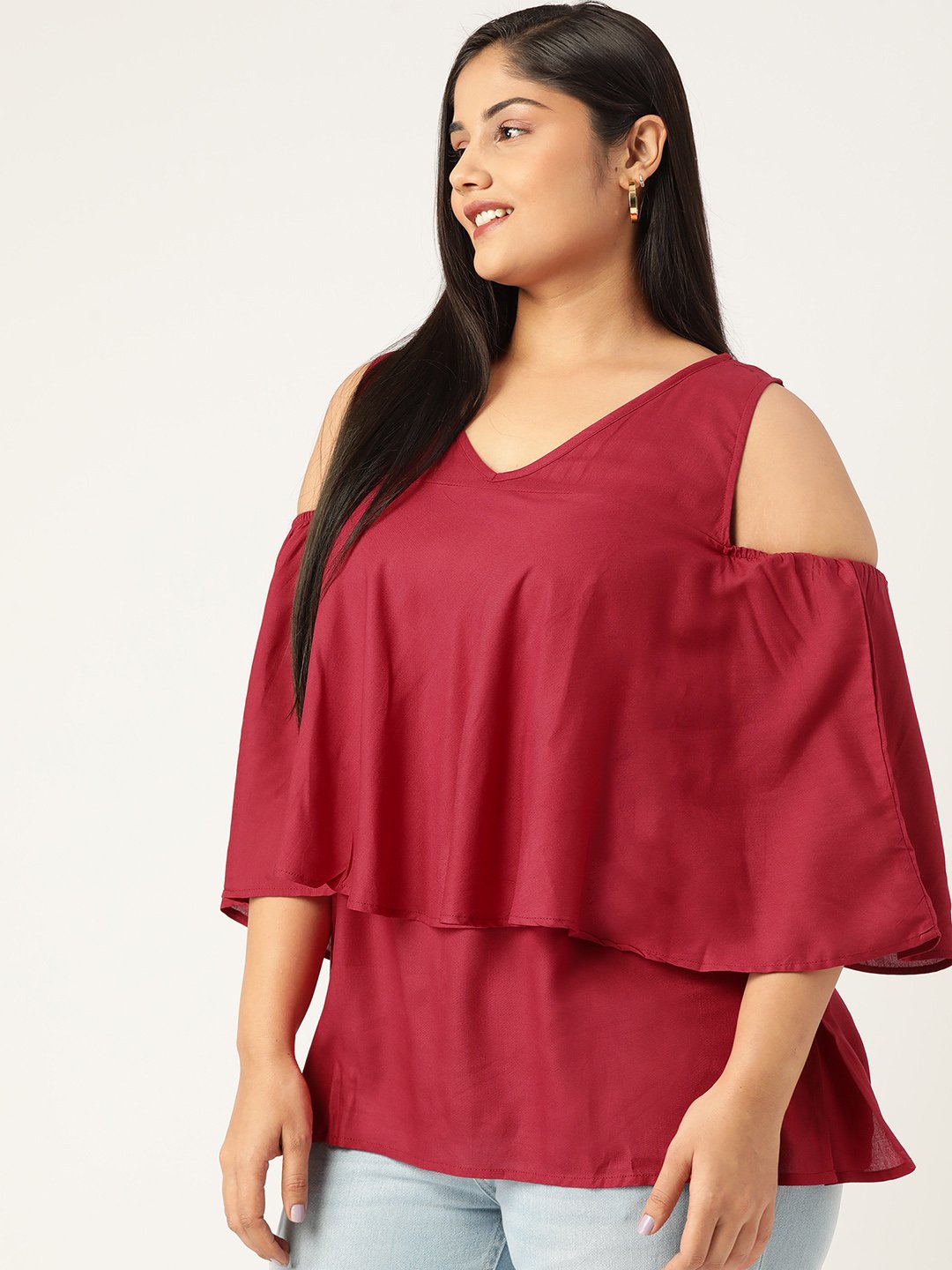 Women's Plus Size Maroon Solid Color Cold Shoulder Sleeves Layered Top