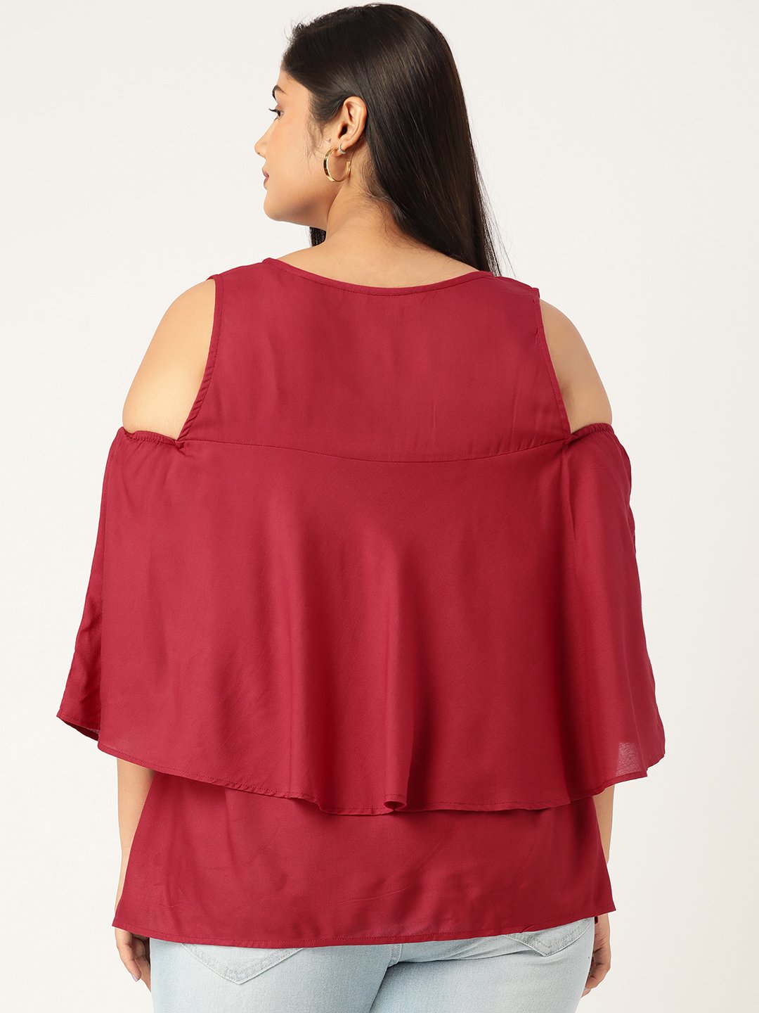 Women's Plus Size Maroon Solid Color Cold Shoulder Sleeves Layered Top