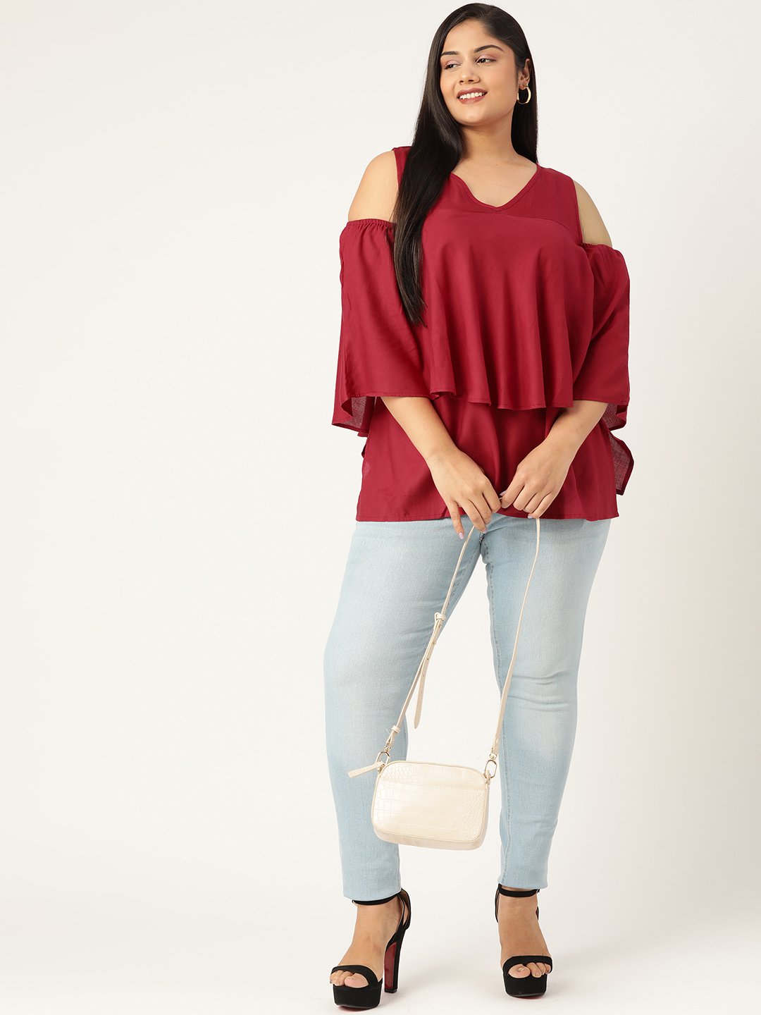 Women's Plus Size Maroon Solid Color Cold Shoulder Sleeves Layered Top