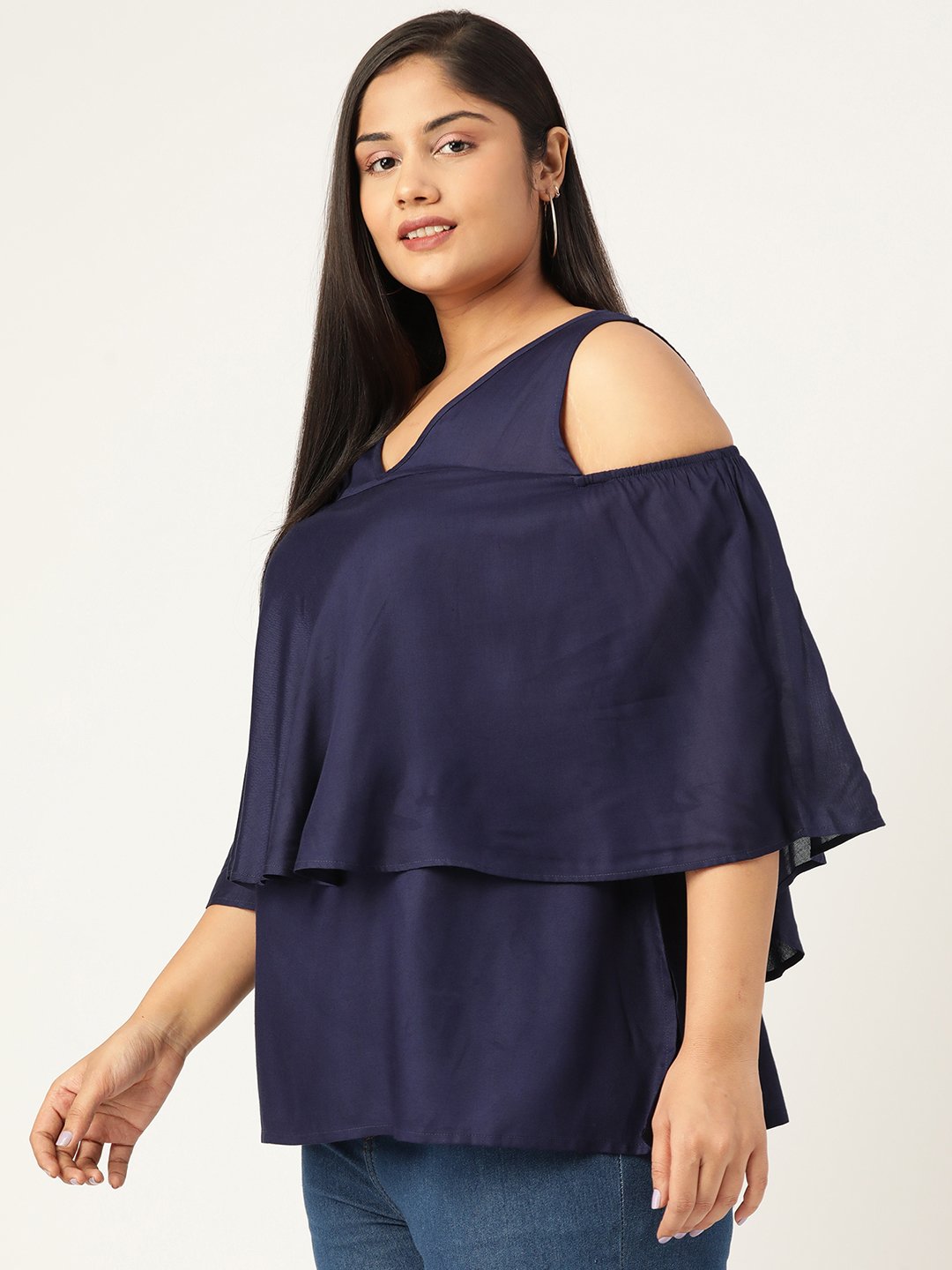 Women's Plus Size Navy Blue Solid Color Cold Shoulder Sleeves Layered Top
