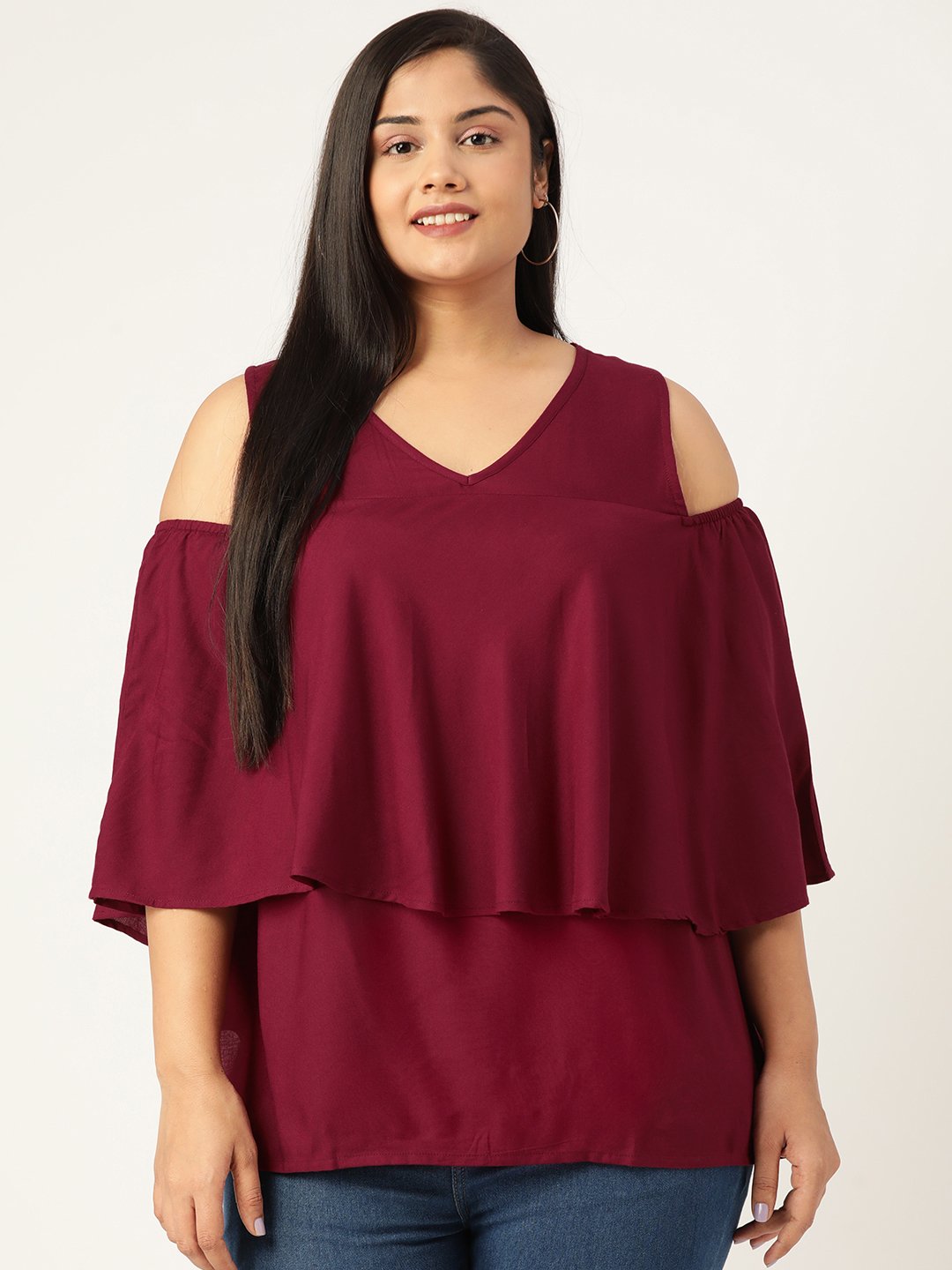 Women's Plus Size Plum Solid Color Cold Shoulder Sleeves Layered Top