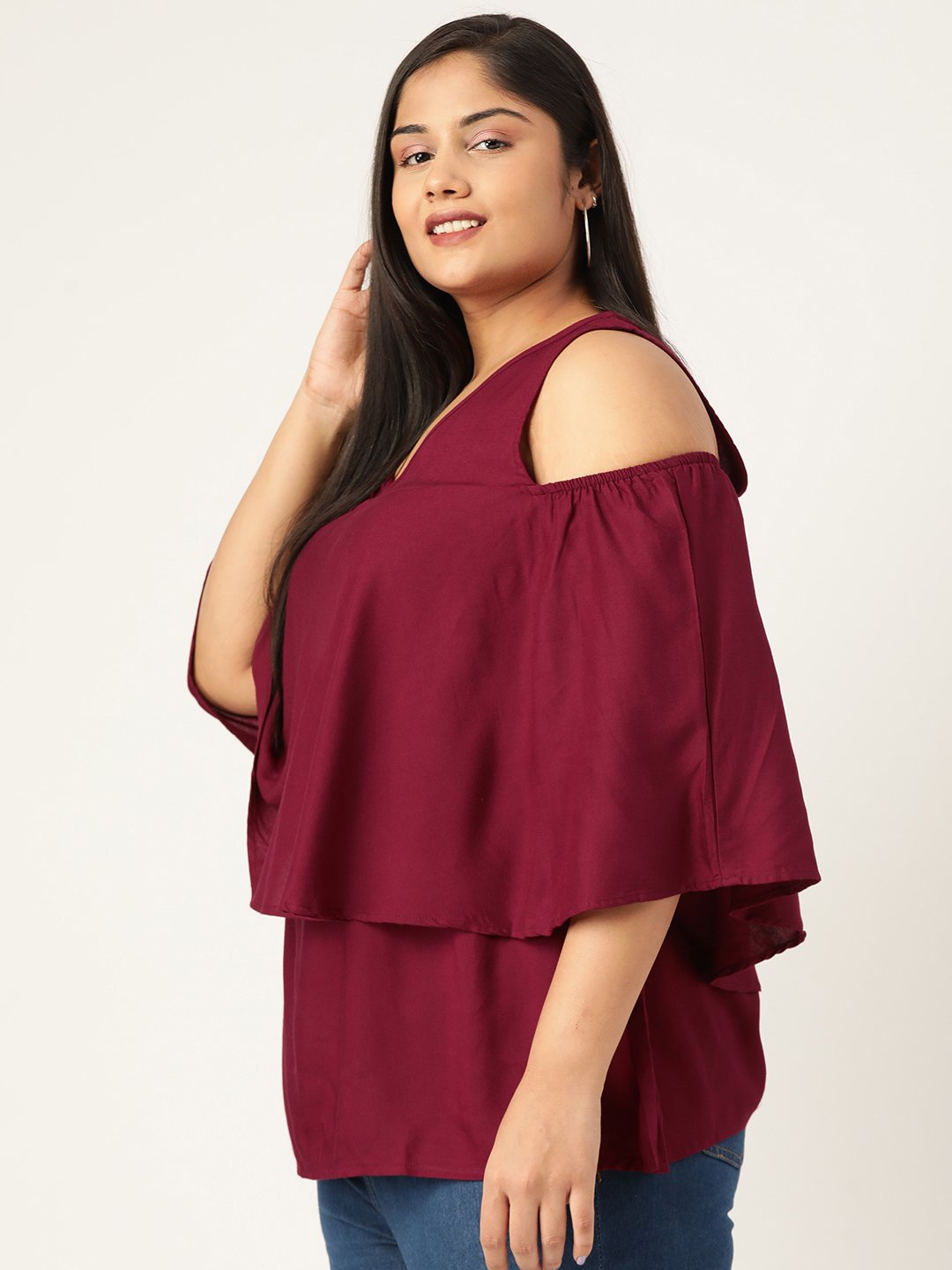 Women's Plus Size Plum Solid Color Cold Shoulder Sleeves Layered Top