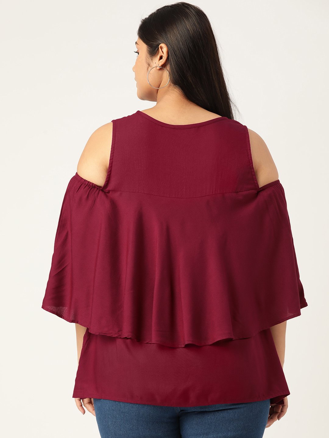 Women's Plus Size Plum Solid Color Cold Shoulder Sleeves Layered Top