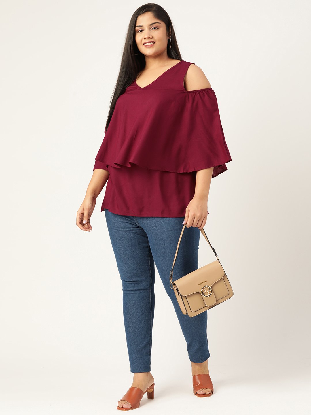 Women's Plus Size Plum Solid Color Cold Shoulder Sleeves Layered Top