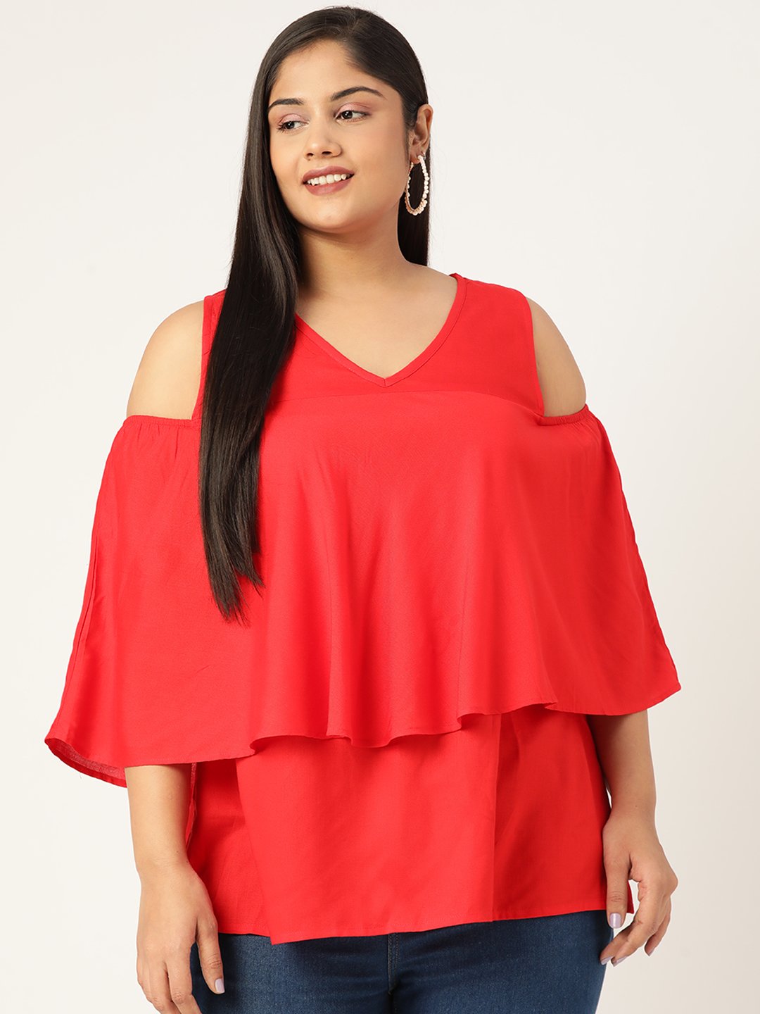 Women's Plus Size Red Solid Color Cold Shoulder Sleeves Layered Top