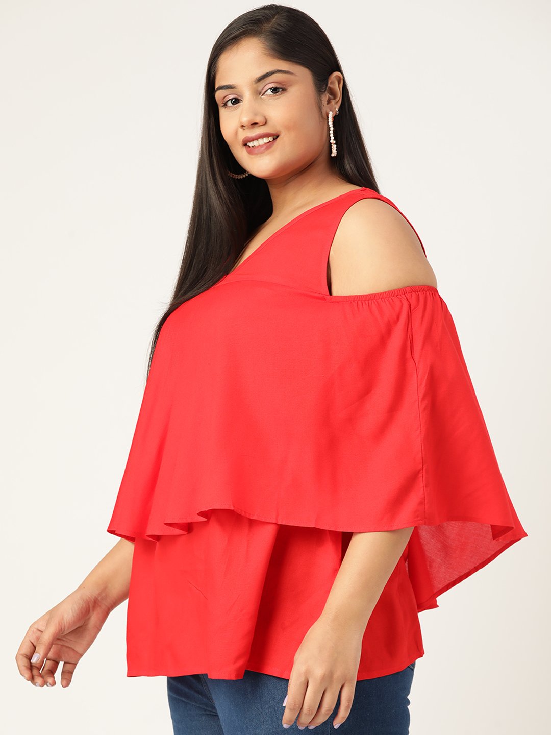 Women's Plus Size Red Solid Color Cold Shoulder Sleeves Layered Top