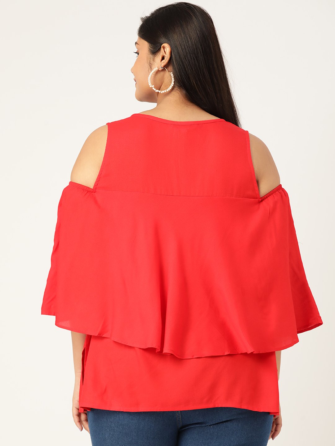 Women's Plus Size Red Solid Color Cold Shoulder Sleeves Layered Top