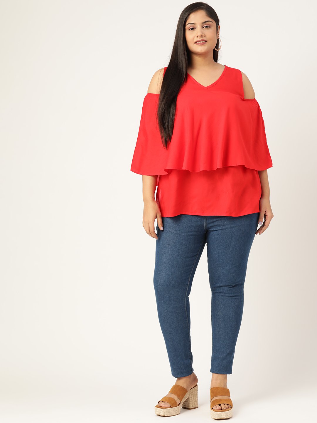 Women's Plus Size Red Solid Color Cold Shoulder Sleeves Layered Top