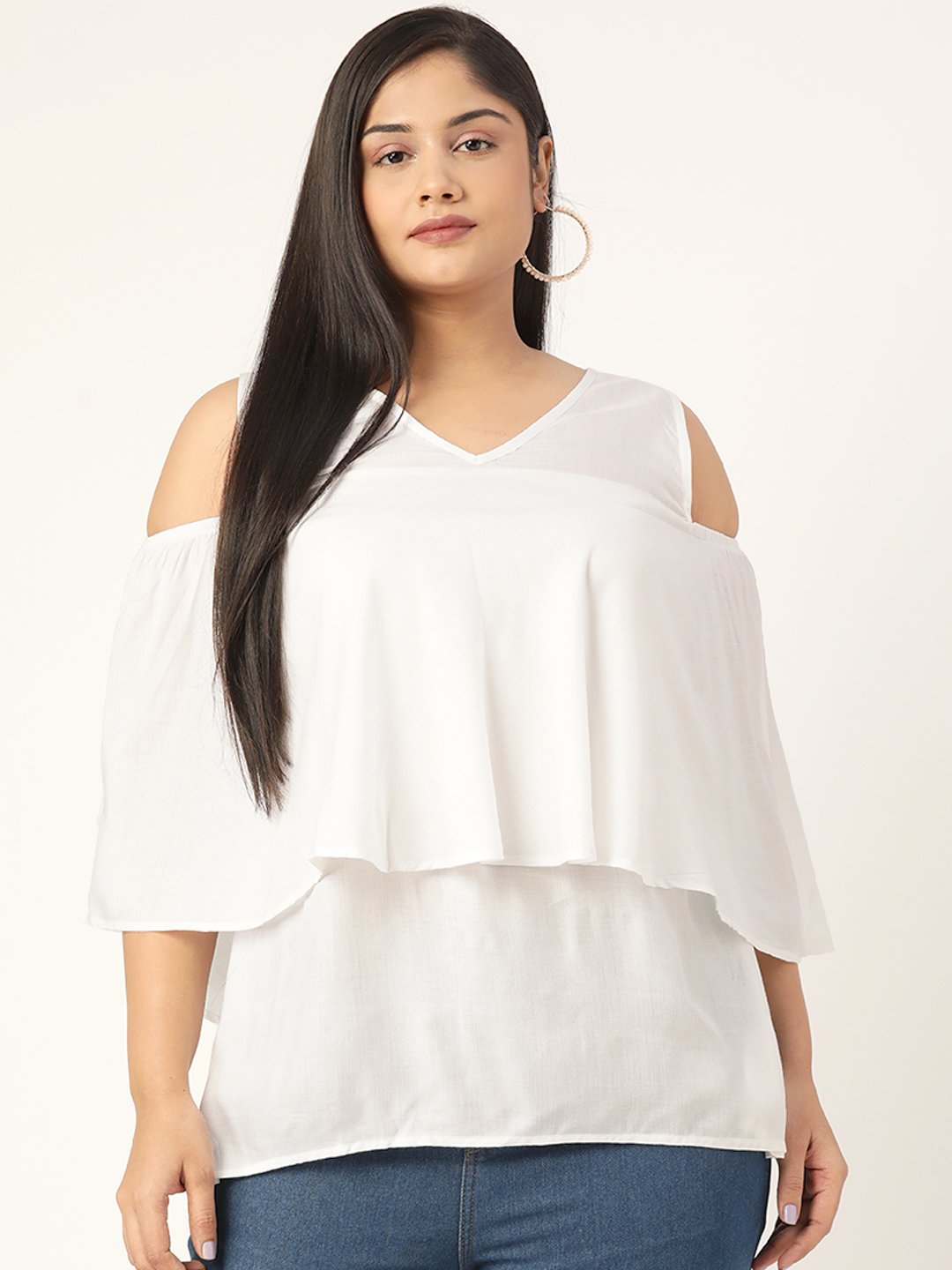 Women's Plus Size White Solid Color Cold Shoulder Sleeves Layered Top