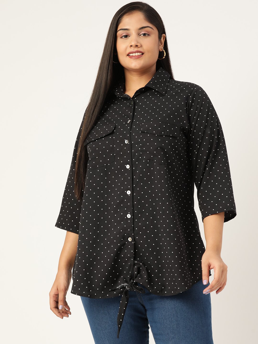 Women's Plus Size Black Polka Dot Printed Button Closure Casual Shirt