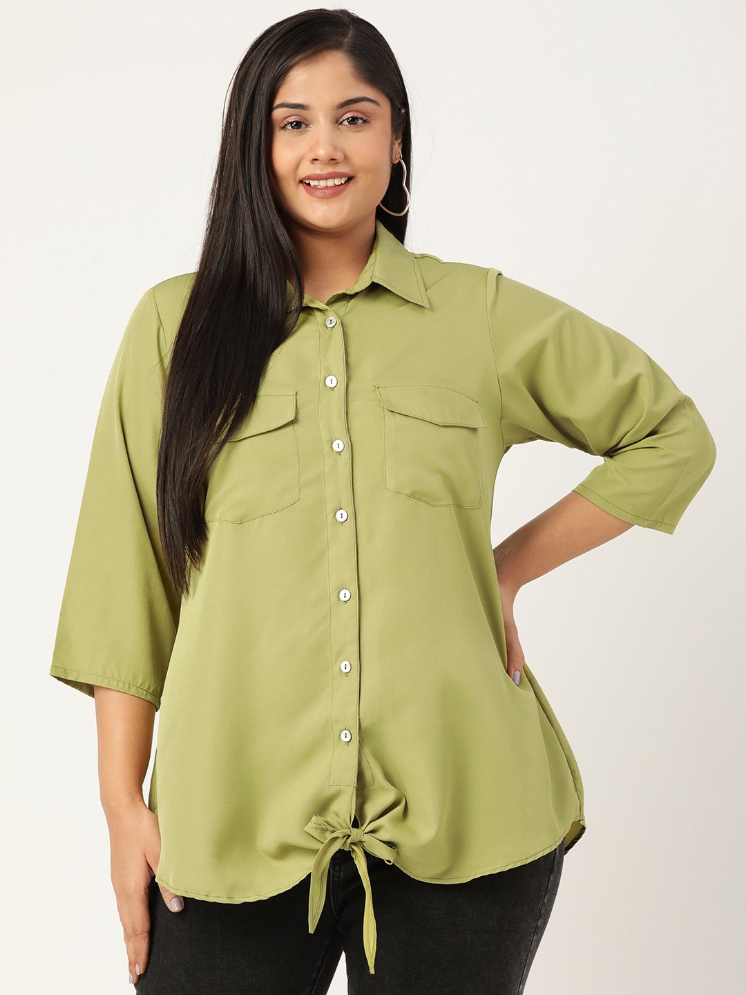 Women's Plus Size Olive Green Solid Color Button Closure Casual Shirt