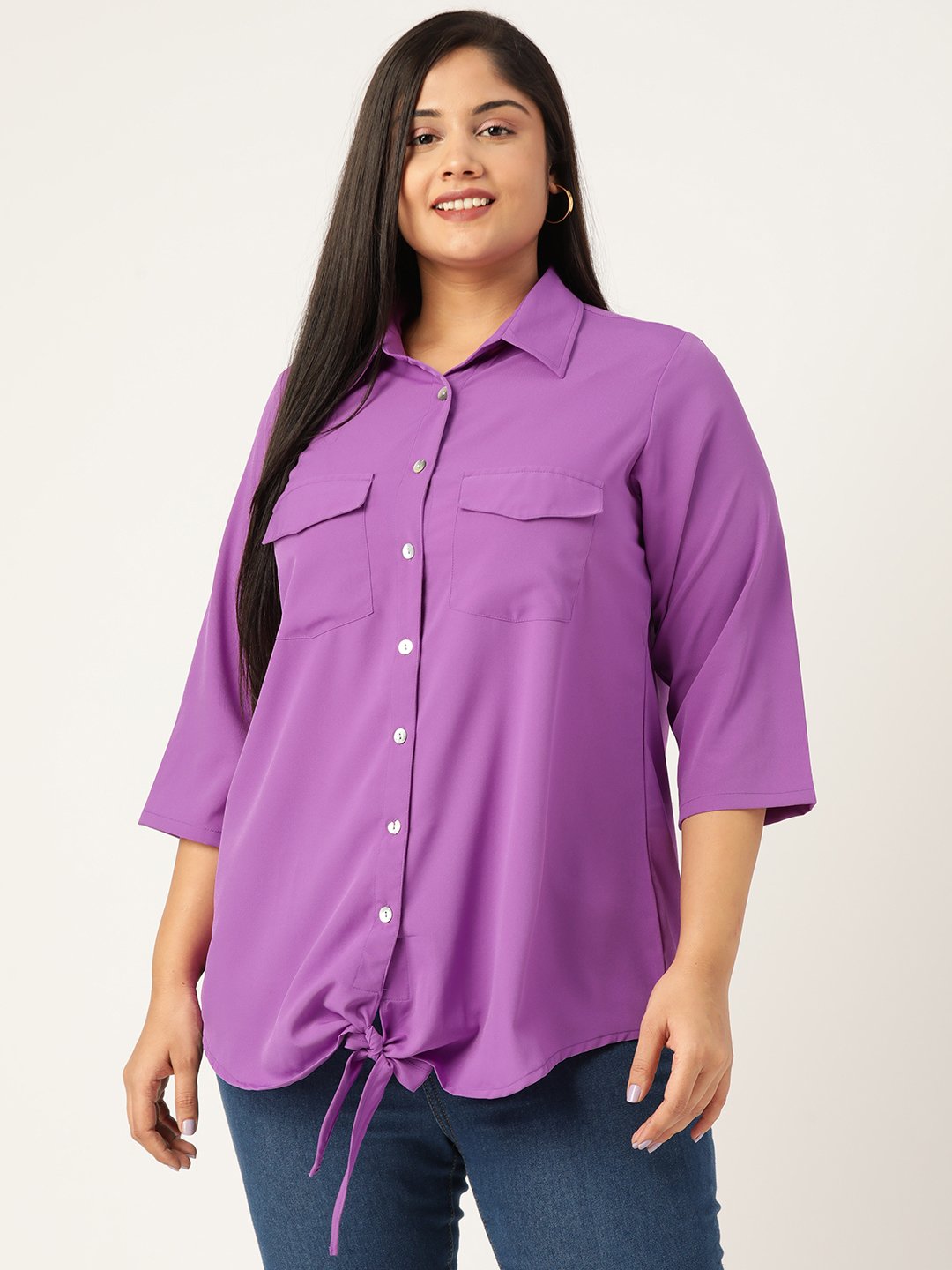 Women's Plus Size Purple Solid Color Button Closure Casual Shirt