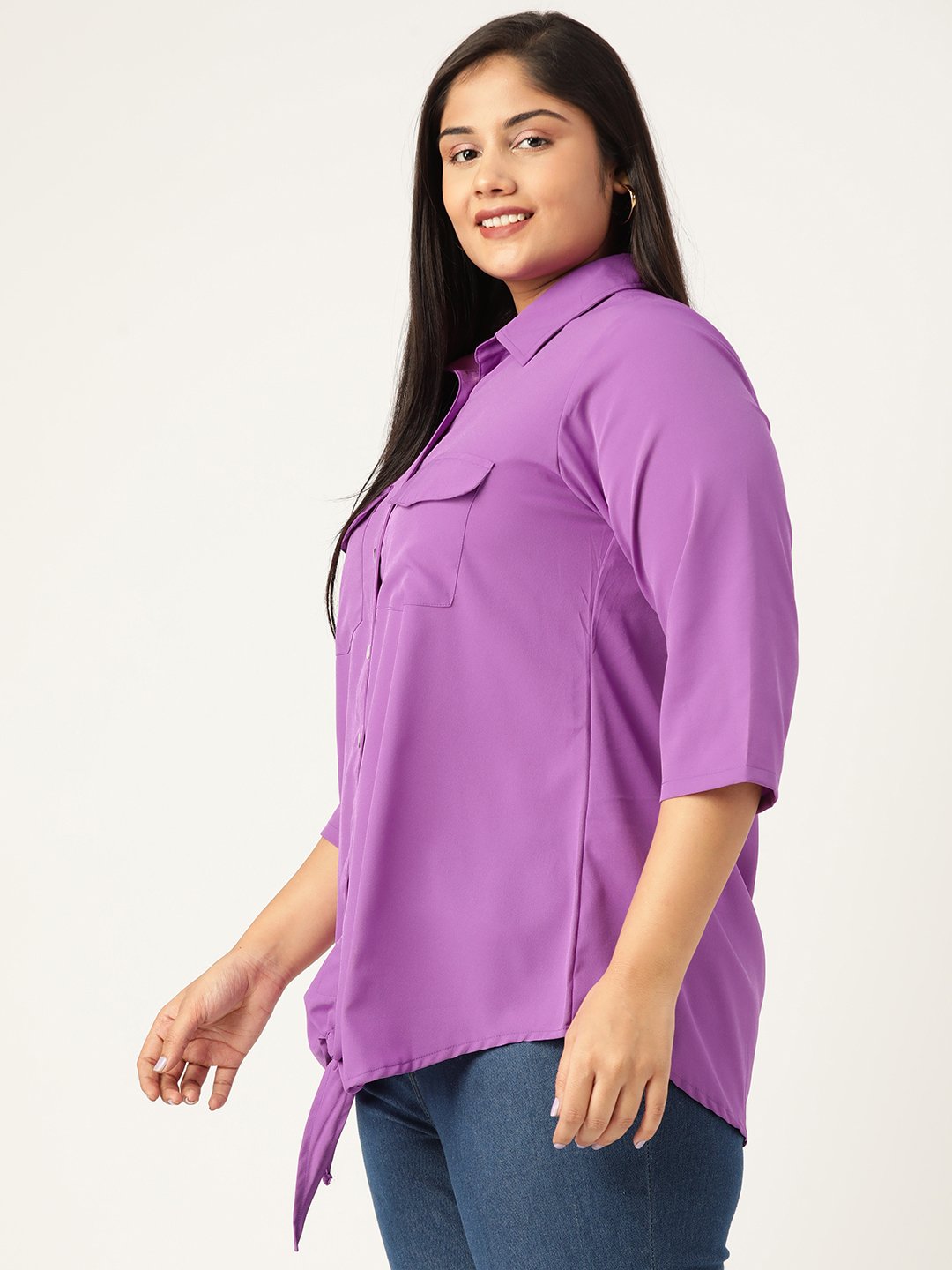 Women's Plus Size Purple Solid Color Button Closure Casual Shirt