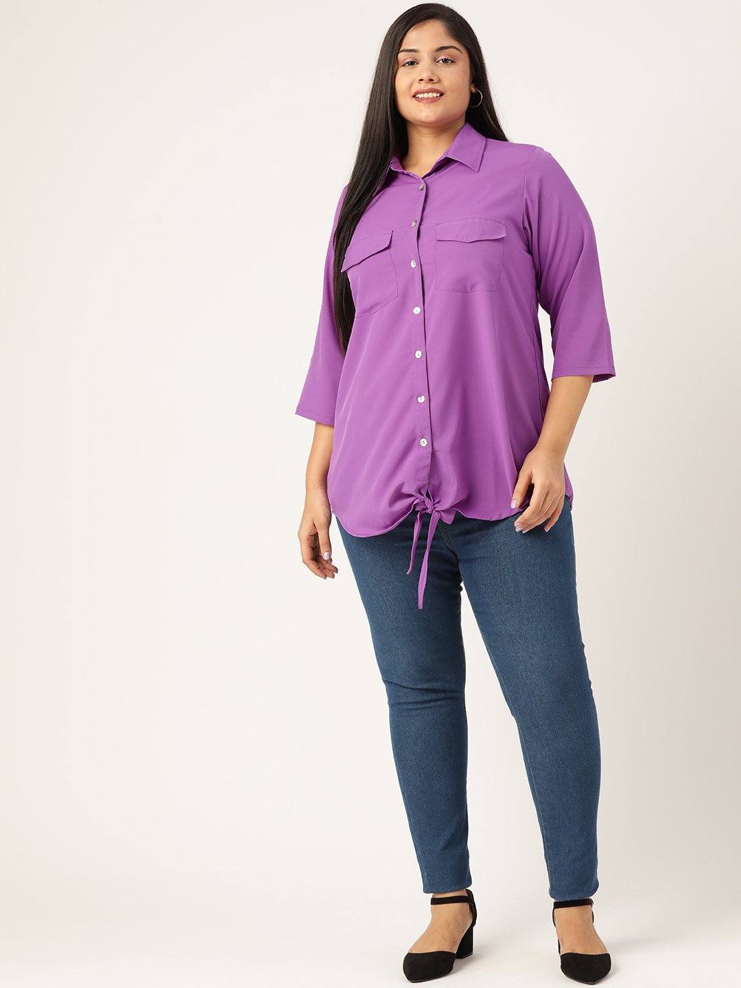 Women's Plus Size Purple Solid Color Button Closure Casual Shirt