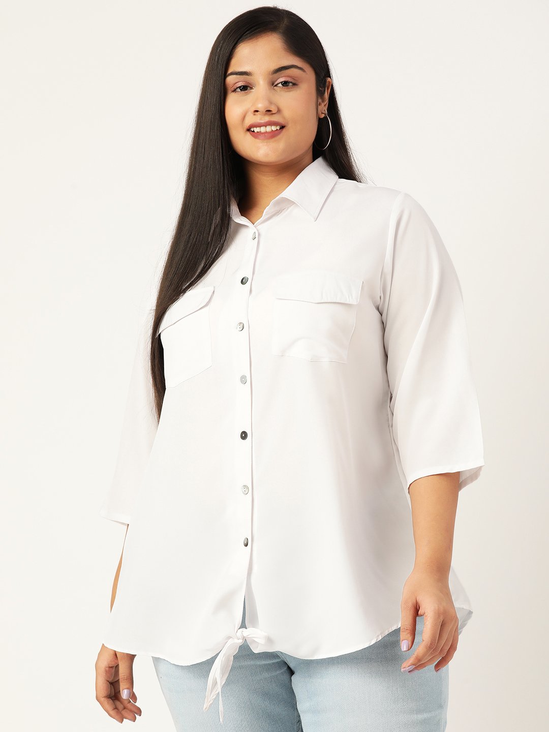 Women's Plus Size White Solid Color Button Closure Casual Shirt