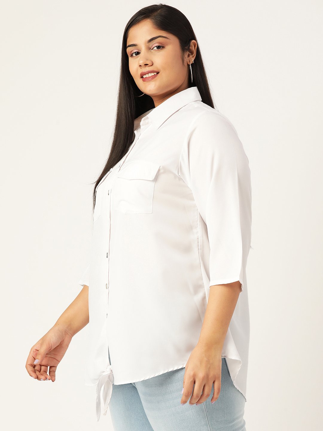 Women's Plus Size White Solid Color Button Closure Casual Shirt