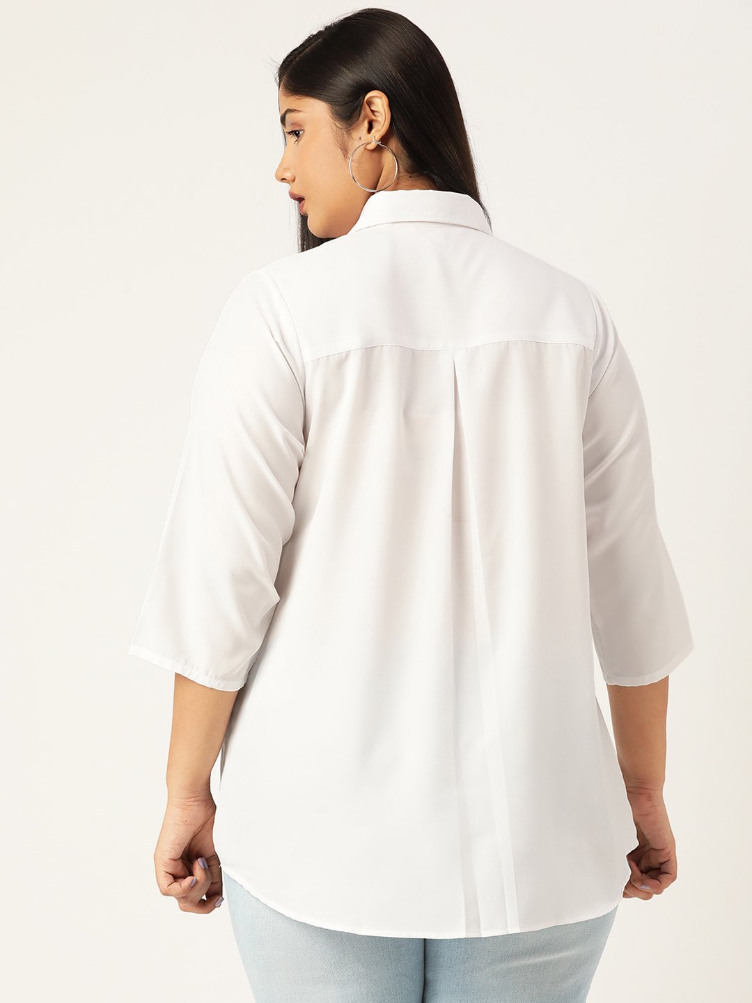 Women's Plus Size White Solid Color Button Closure Casual Shirt