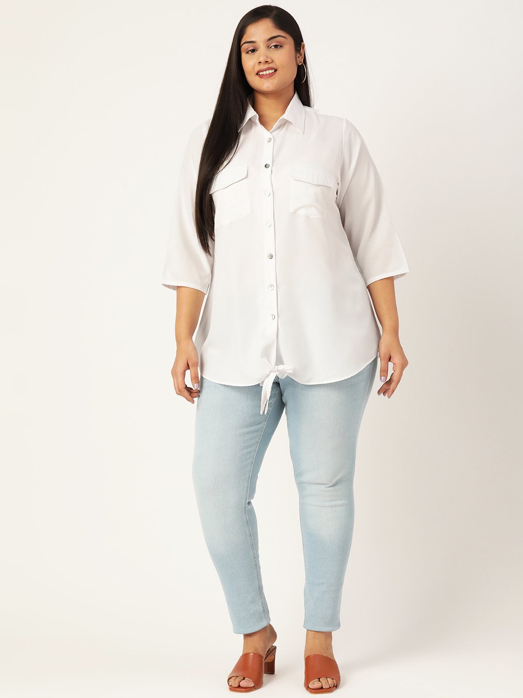 Women's Plus Size White Solid Color Button Closure Casual Shirt