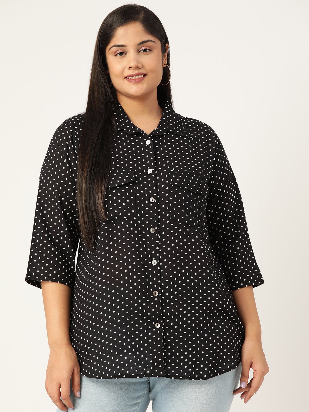 Women's Plus Size Black Polka Dot Printed Spread Collar Casual Shirt