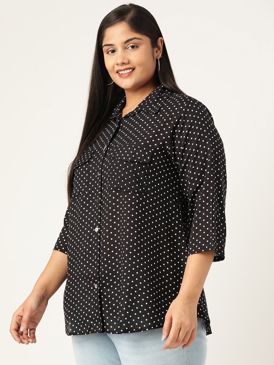 Women's Plus Size Black Polka Dot Printed Spread Collar Casual Shirt