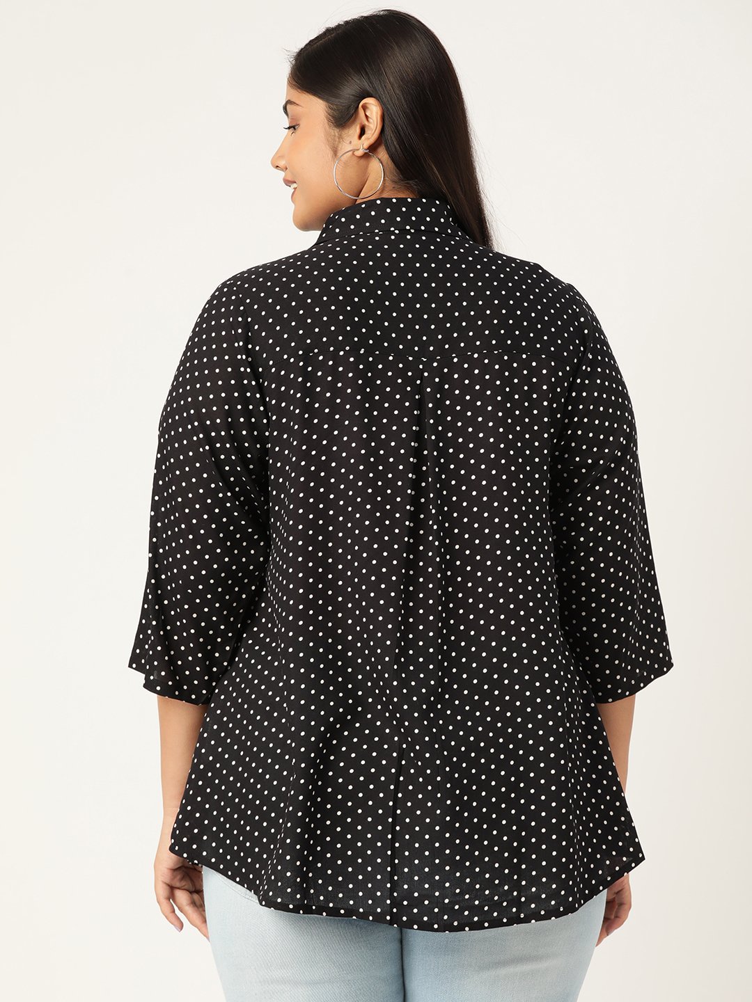 Women's Plus Size Black Polka Dot Printed Spread Collar Casual Shirt