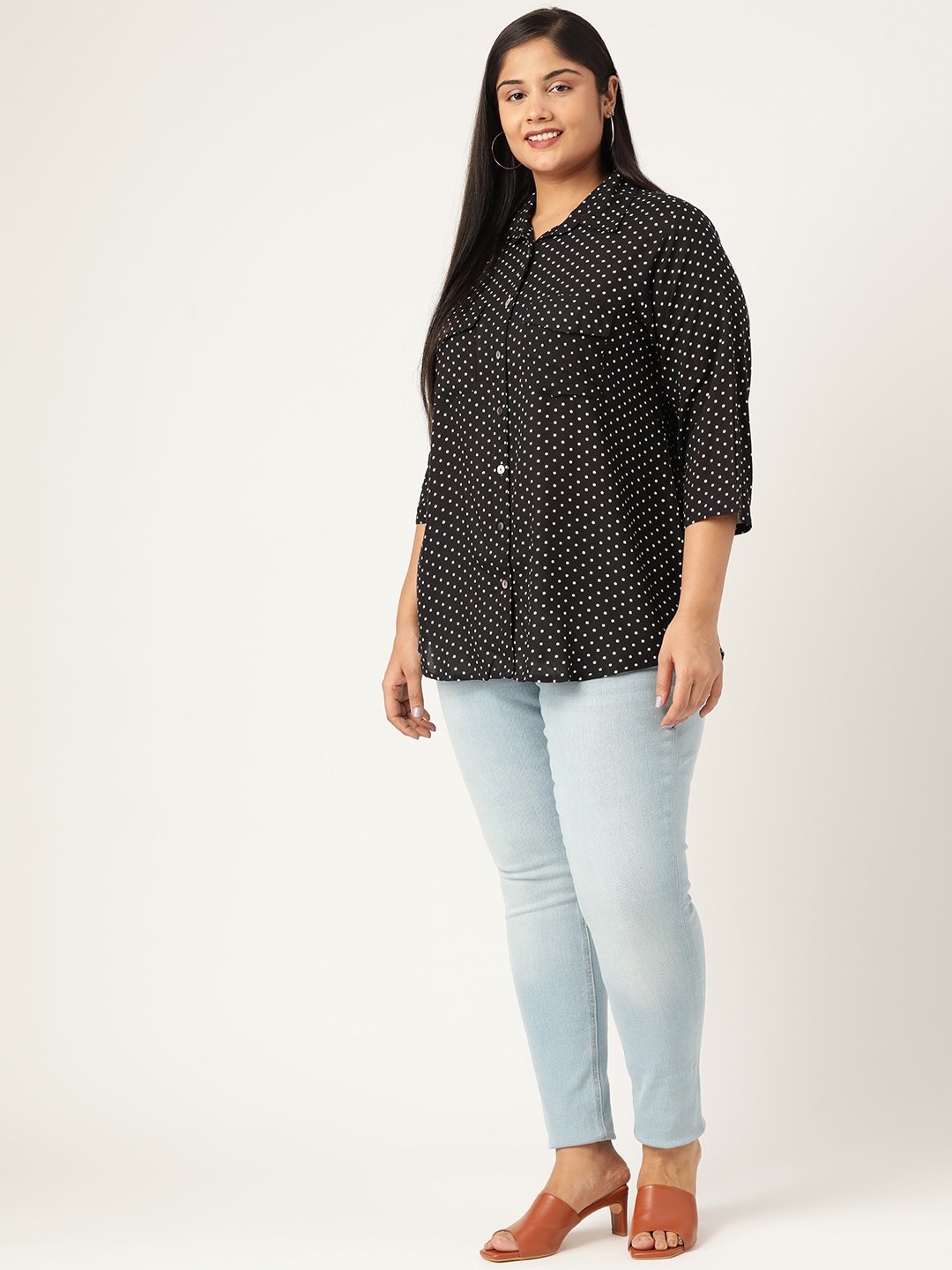 Women's Plus Size Black Polka Dot Printed Spread Collar Casual Shirt