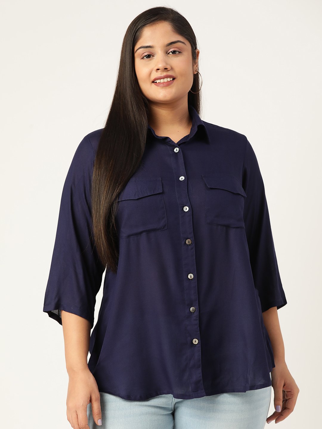 Women's Plus Size Navy Blue Solid Color Spread Collar Casual Shirt