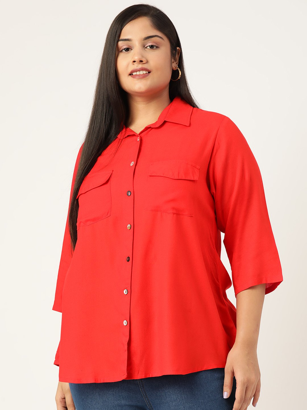 Women's Plus Size Red Solid Color Spread Collar Casual Shirt