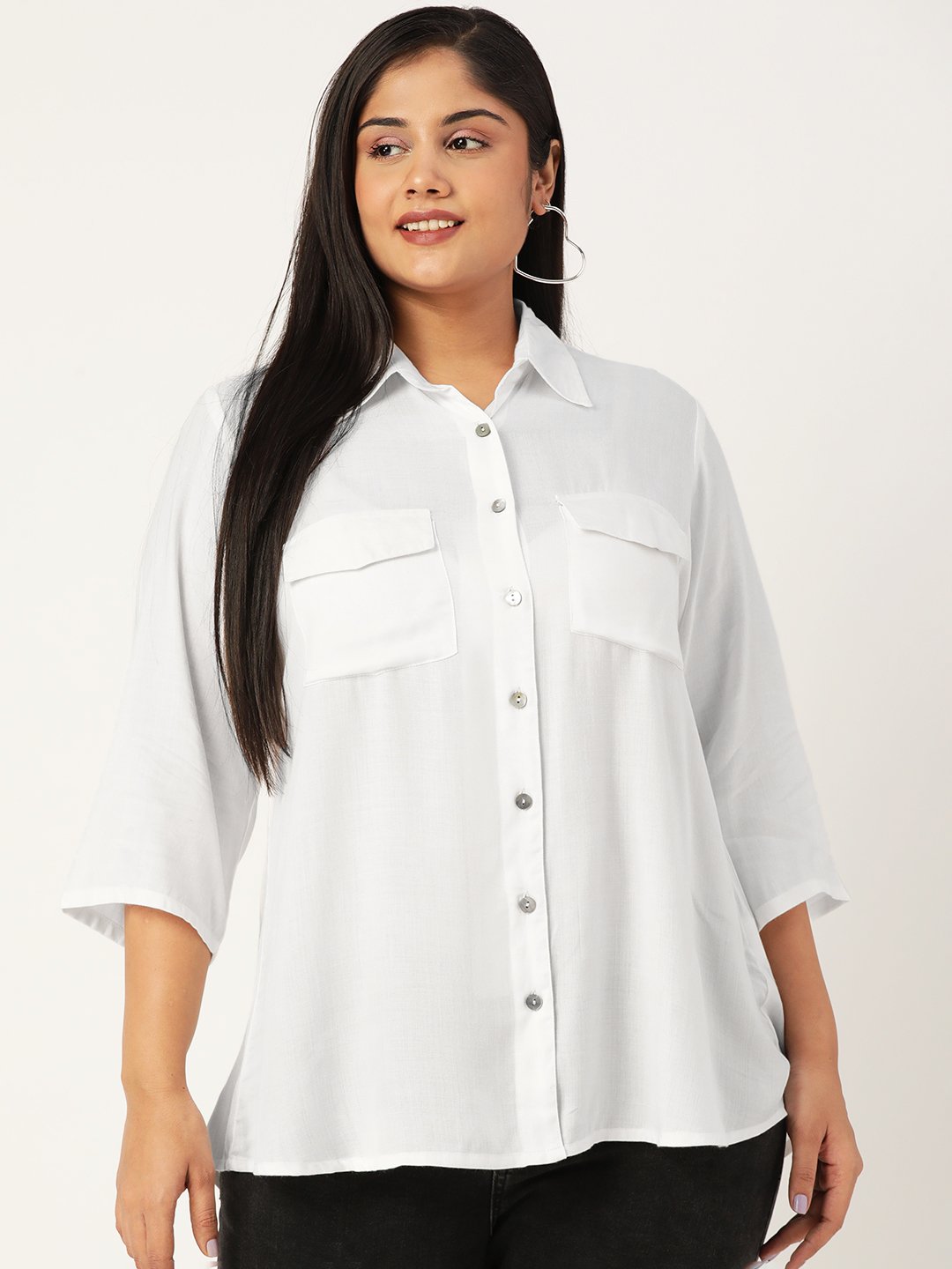 Women's Plus Size White Solid Color Spread Collar Casual Shirt