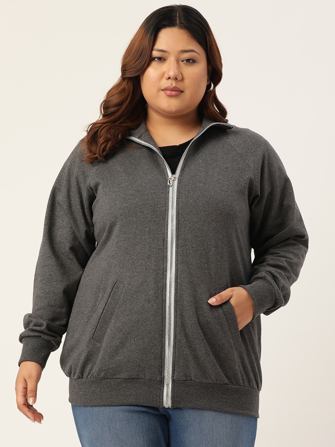 Women's Plus Size Charcoal Solid Color Longline Sporty Winter Jacket
