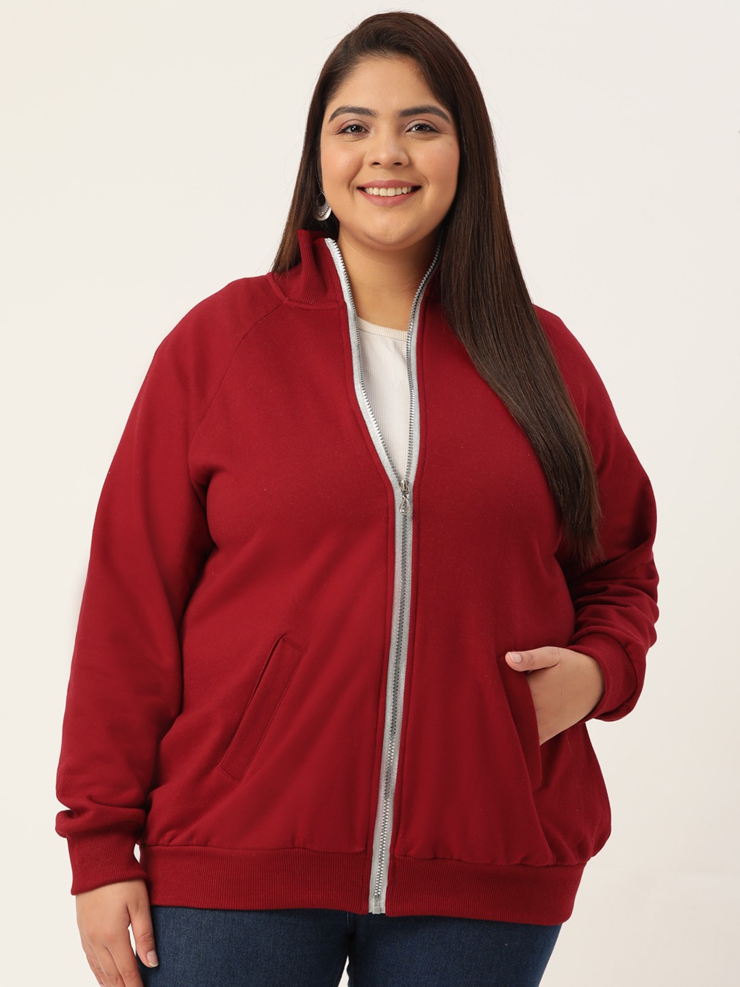 Women's Plus Size Maroon Solid Color Longline Sporty Winter Jacket