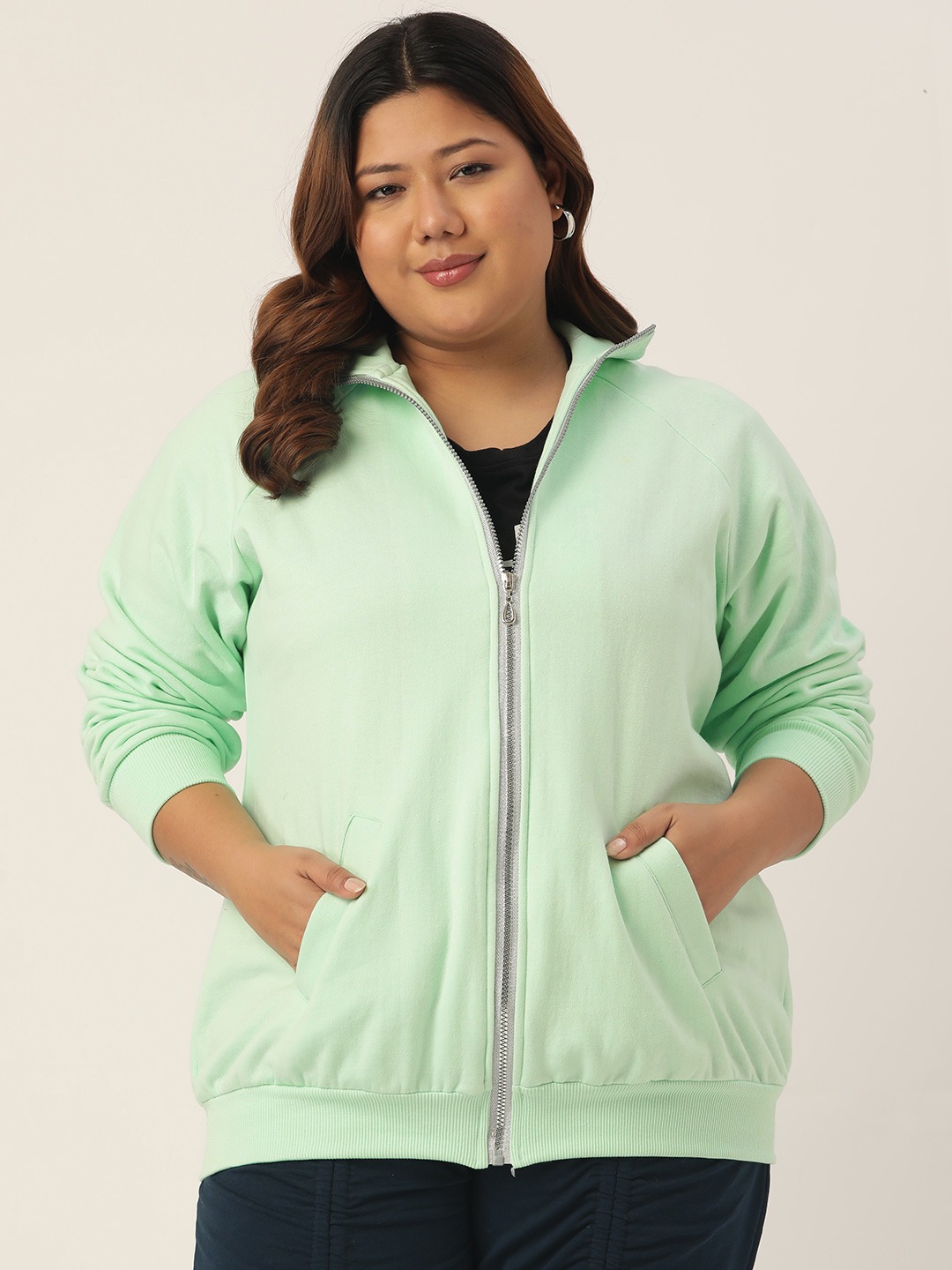 Women's Plus Size Sea Green Solid Color Longline Sporty Winter Jacket