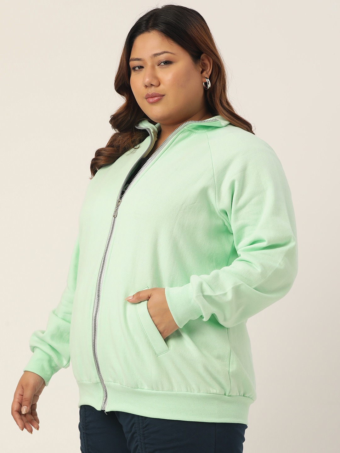 Women's Plus Size Sea Green Solid Color Longline Sporty Winter Jacket