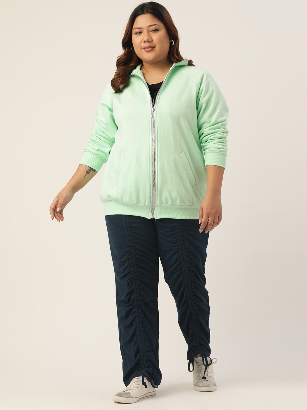 Women's Plus Size Sea Green Solid Color Longline Sporty Winter Jacket
