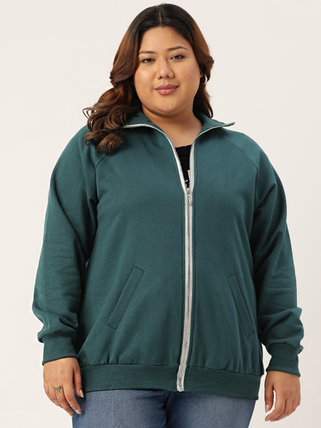 Women's Plus Size Teal Solid Color Longline Sporty Winter Jacket