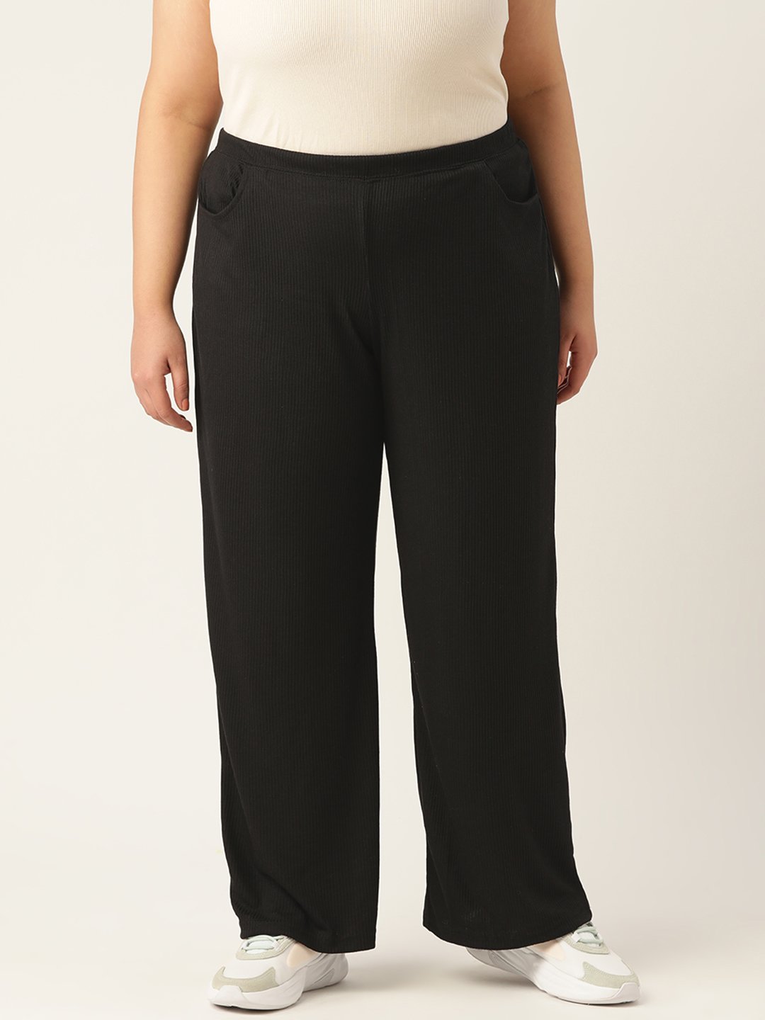 Women's Plus Size Black Solid Color Cotton Ribbed Trouser
