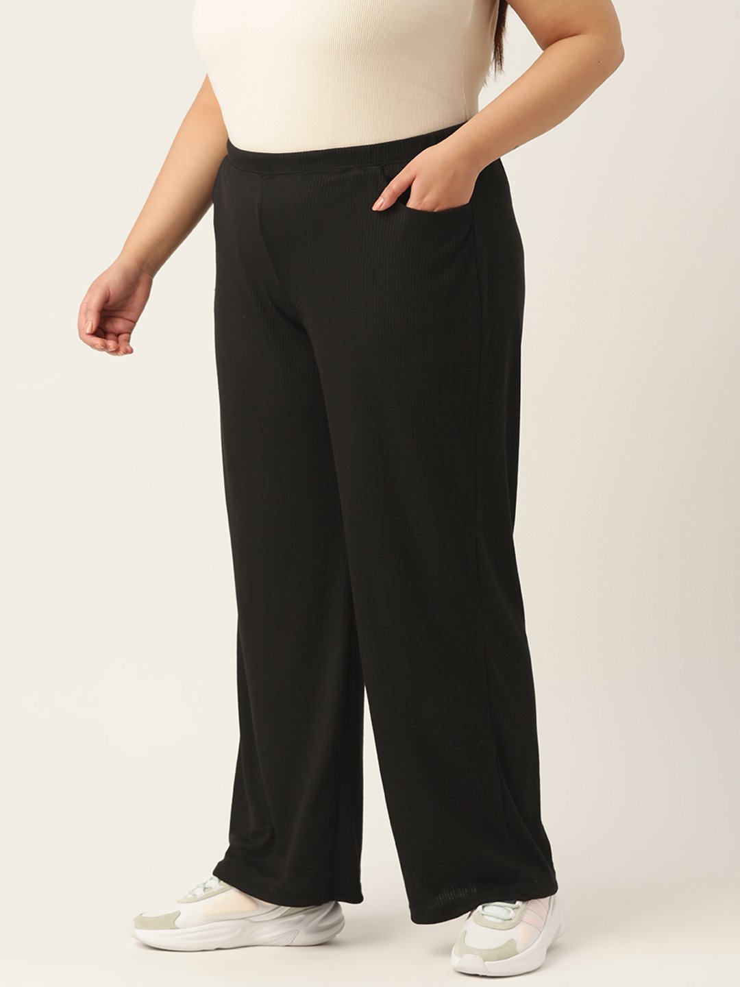 Women's Plus Size Black Solid Color Cotton Ribbed Trouser