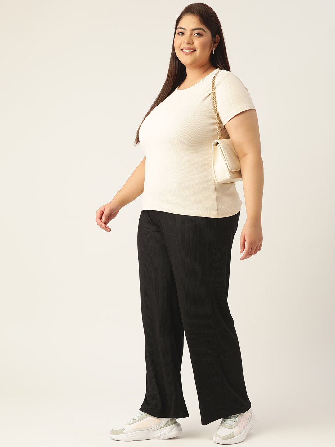 Women's Plus Size Black Solid Color Cotton Ribbed Trouser