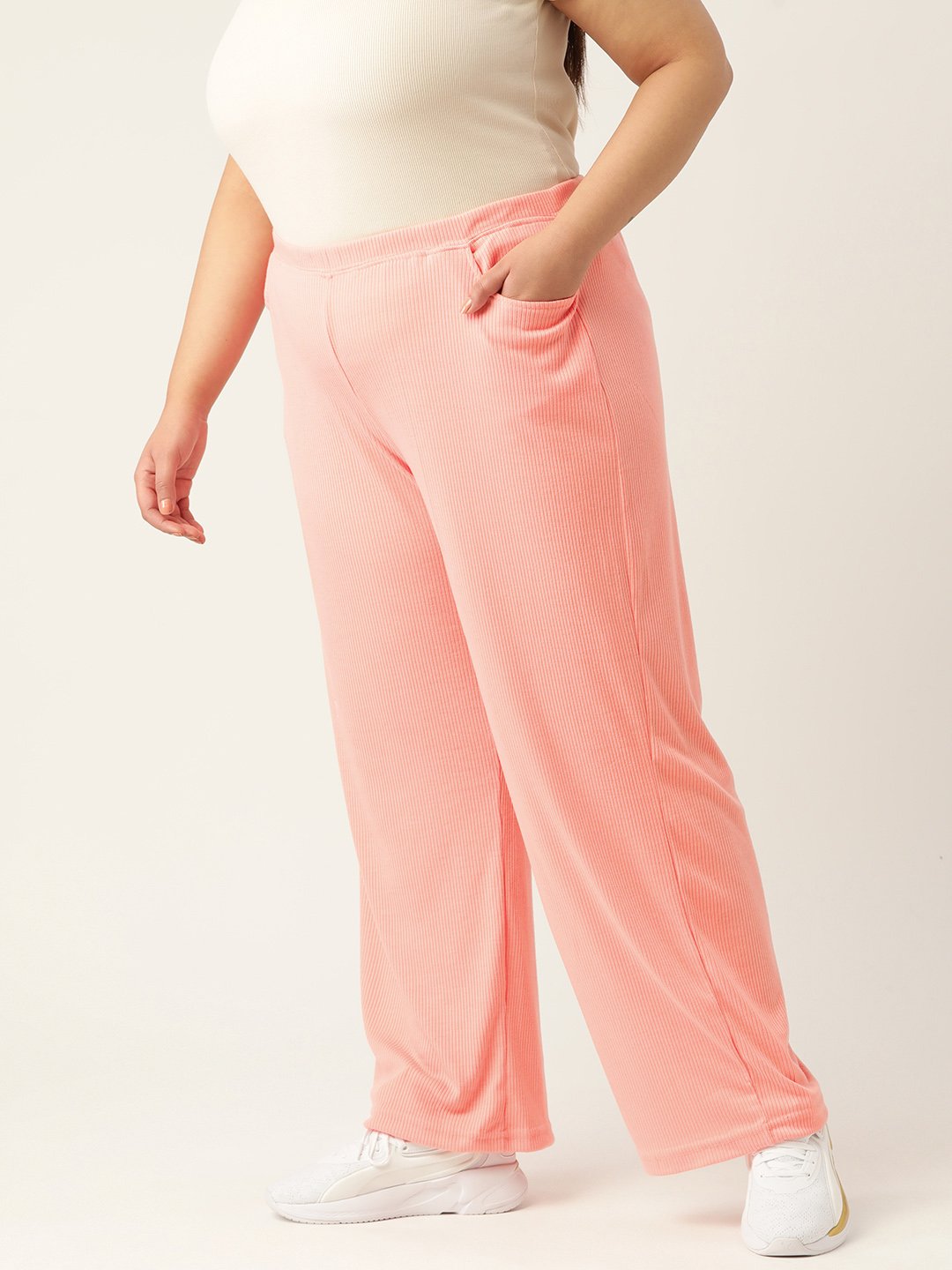 Women's Plus Size Pink Solid Color Cotton Ribbed Trouser