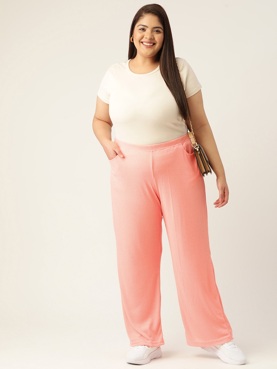 Women's Plus Size Pink Solid Color Cotton Ribbed Trouser