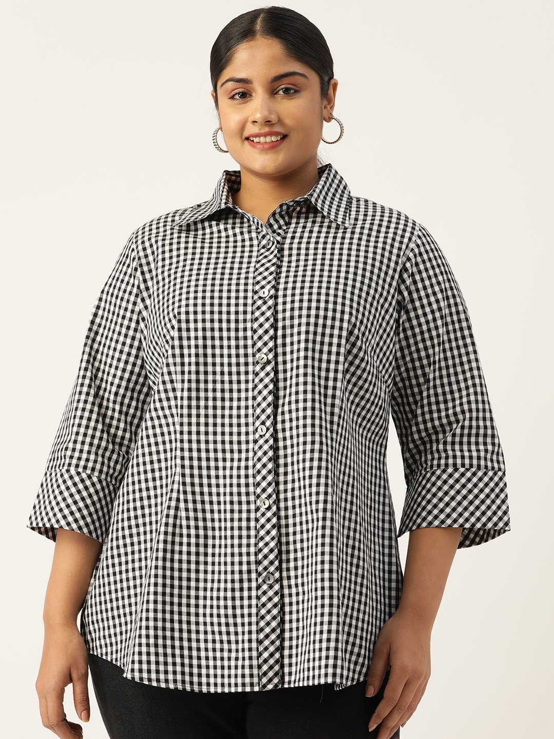 Women's Plus SizeBlack Checked Printed Cotton Shirt