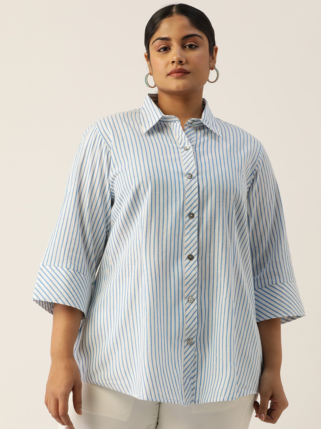 Women's Plus SizeBlue Striped Printed Cotton Shirt
