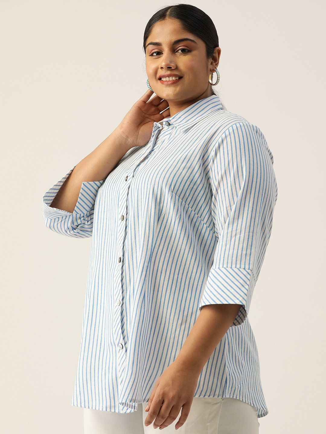 Women's Plus SizeBlue Striped Printed Cotton Shirt