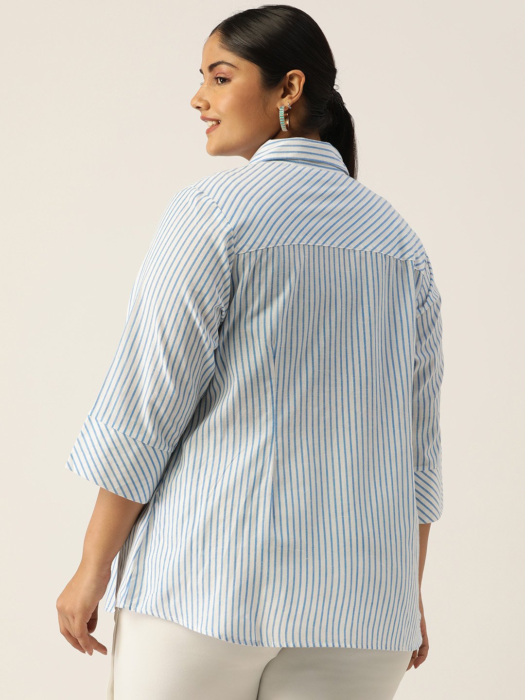 Women's Plus SizeBlue Striped Printed Cotton Shirt