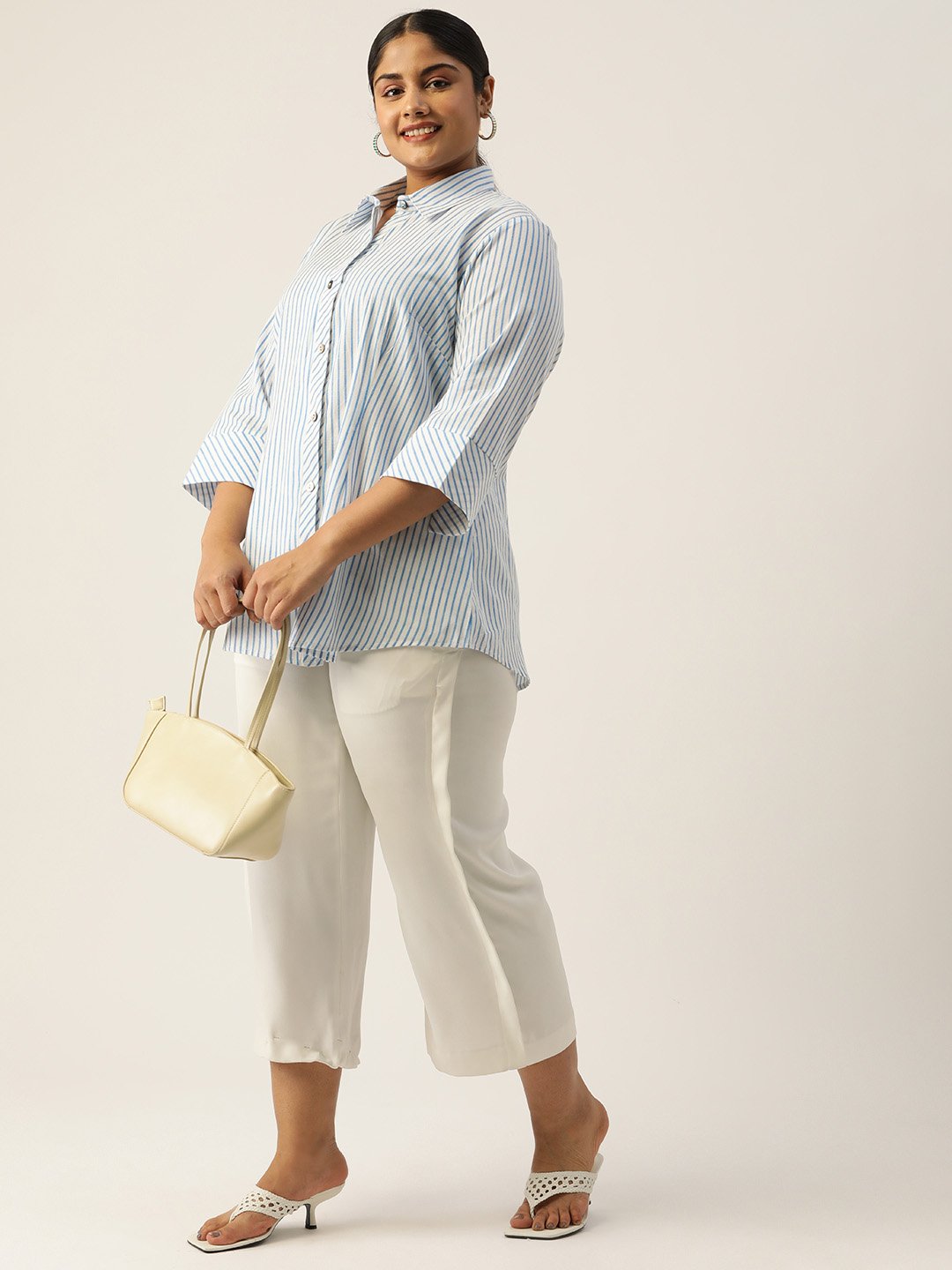 Women's Plus SizeBlue Striped Printed Cotton Shirt