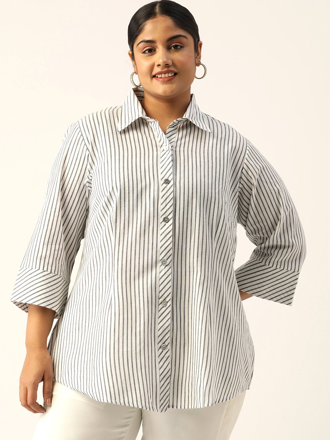 Women's Plus SizeGrey Striped Printed Cotton Shirt